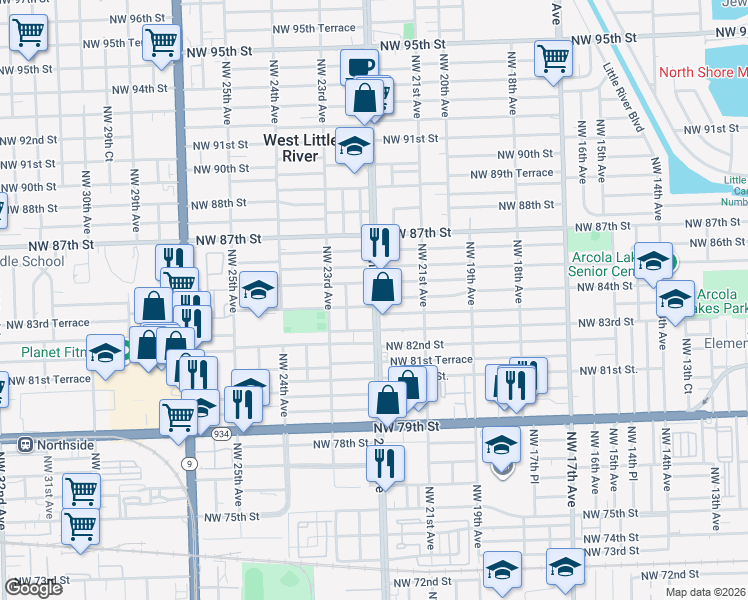 map of restaurants, bars, coffee shops, grocery stores, and more near 8440 Northwest 22nd Avenue in Miami