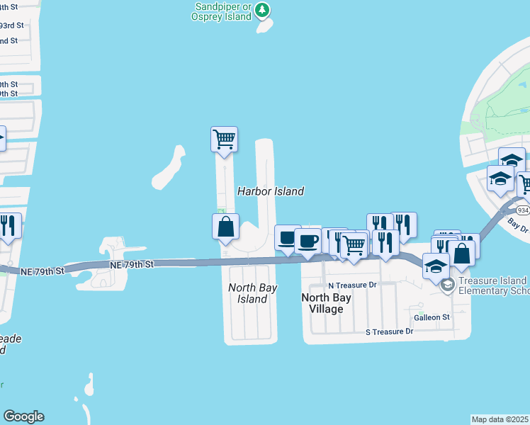 map of restaurants, bars, coffee shops, grocery stores, and more near 7915 East Drive in North Bay Village