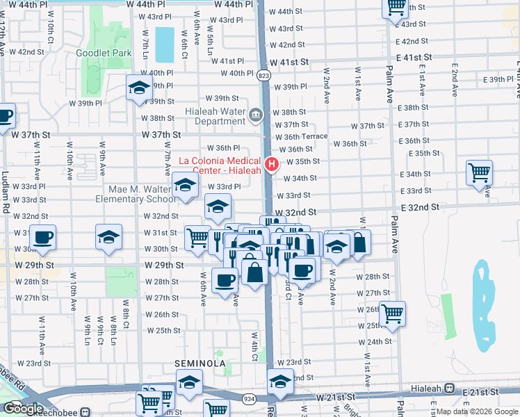 map of restaurants, bars, coffee shops, grocery stores, and more near 411 West 32nd Place in Hialeah
