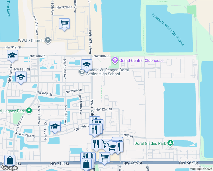 map of restaurants, bars, coffee shops, grocery stores, and more near 10630 Northwest 88th Street in Doral