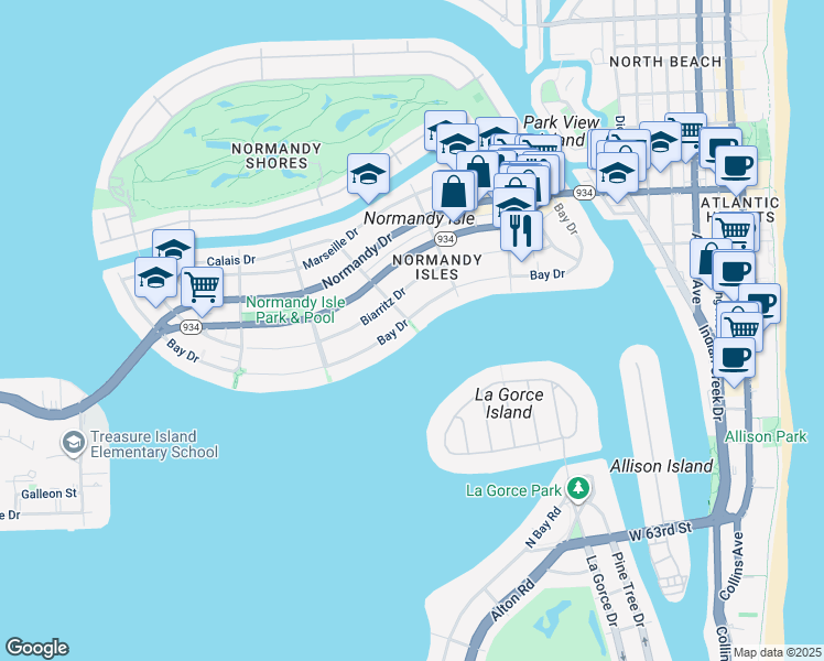 map of restaurants, bars, coffee shops, grocery stores, and more near 1500 Bay Drive in Miami Beach