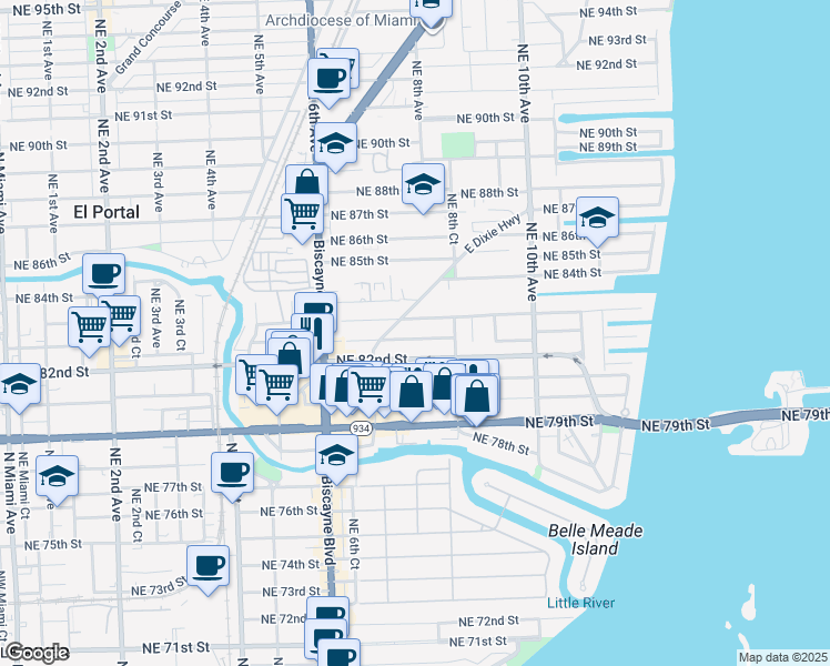 map of restaurants, bars, coffee shops, grocery stores, and more near 761 Northeast 82nd Terrace in Miami