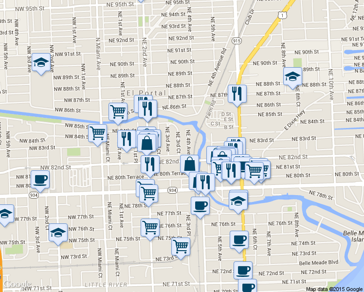 map of restaurants, bars, coffee shops, grocery stores, and more near 8257 Northeast 3rd Court in Miami
