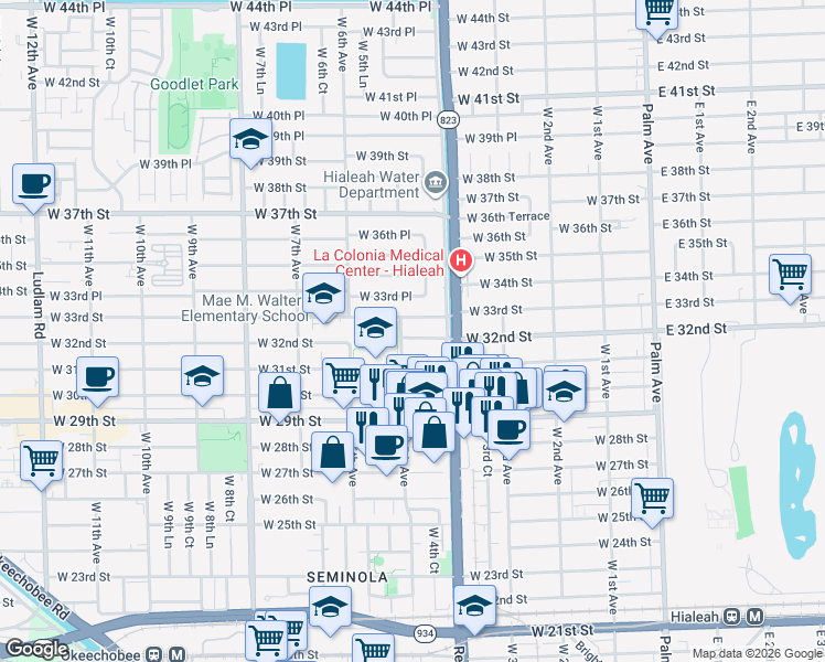 map of restaurants, bars, coffee shops, grocery stores, and more near 481 West 32nd Place in Hialeah