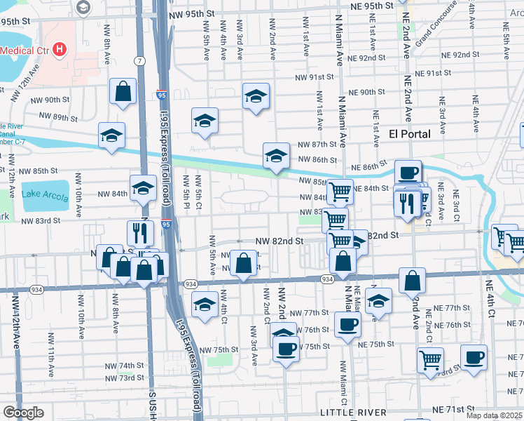 map of restaurants, bars, coffee shops, grocery stores, and more near 241 Northwest 83rd Street in Miami