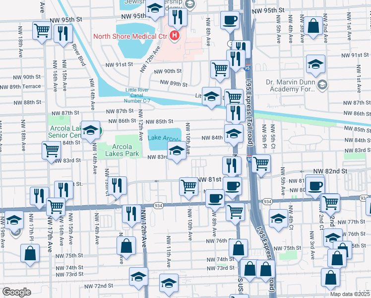 map of restaurants, bars, coffee shops, grocery stores, and more near 1029 Northwest 83rd Street in Miami
