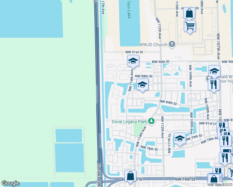 map of restaurants, bars, coffee shops, grocery stores, and more near 11539 Northwest 84th Terrace in Doral