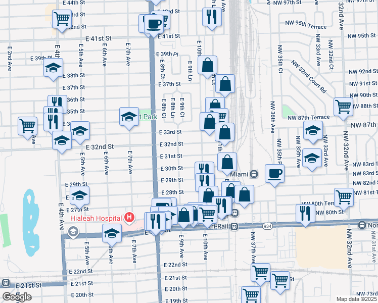 map of restaurants, bars, coffee shops, grocery stores, and more near 941 East 31st Street in Hialeah