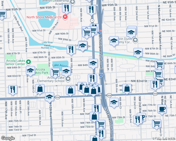 map of restaurants, bars, coffee shops, grocery stores, and more near 801 Northwest 83rd Street in Miami