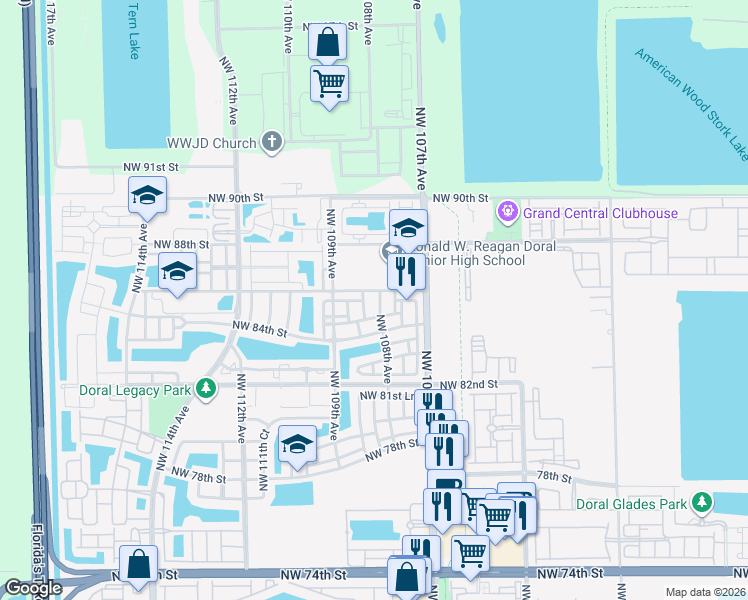 map of restaurants, bars, coffee shops, grocery stores, and more near 8538 Northwest 108th Avenue in Doral