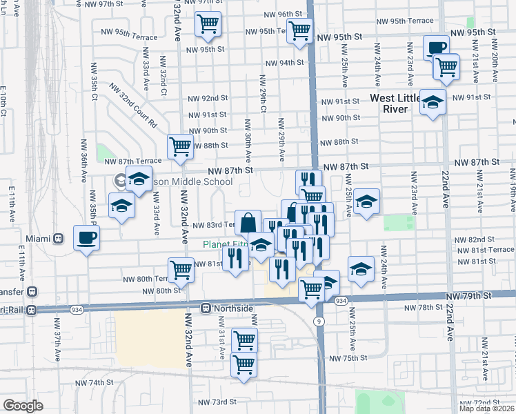 map of restaurants, bars, coffee shops, grocery stores, and more near 2975 Northwest 84th Terrace in Miami