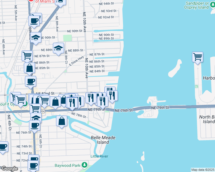 map of restaurants, bars, coffee shops, grocery stores, and more near 1207 Northeast 82nd Street in Miami