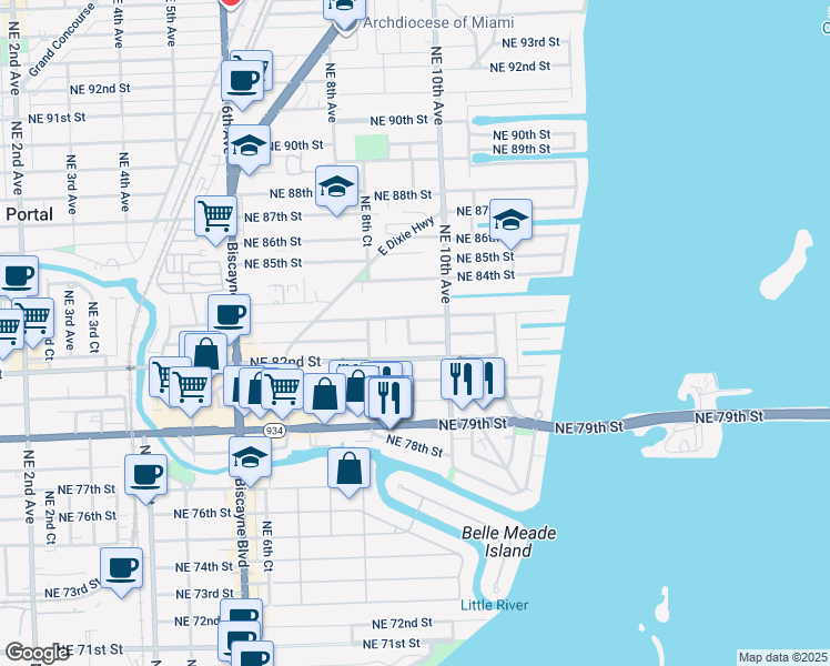 map of restaurants, bars, coffee shops, grocery stores, and more near 8251 Northeast 9th Avenue in Miami