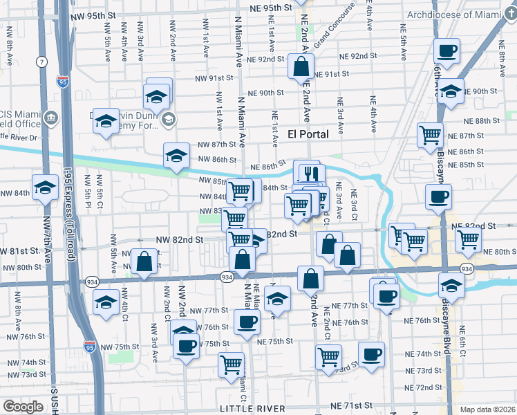 map of restaurants, bars, coffee shops, grocery stores, and more near 51 Northeast 82nd Terrace in Miami