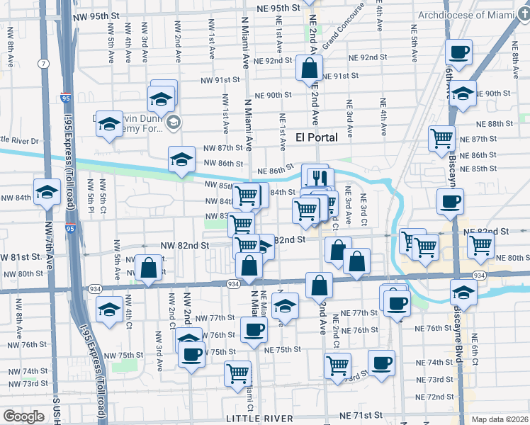 map of restaurants, bars, coffee shops, grocery stores, and more near 8287 Northeast Miami Court in Miami
