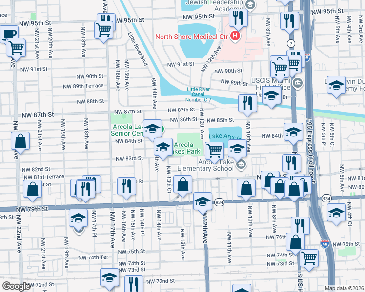 map of restaurants, bars, coffee shops, grocery stores, and more near 8300 Northwest 12th Avenue in Miami