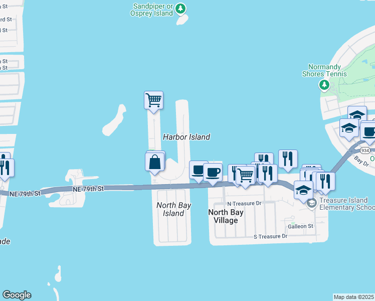 map of restaurants, bars, coffee shops, grocery stores, and more near 7921 East Drive in North Bay Village