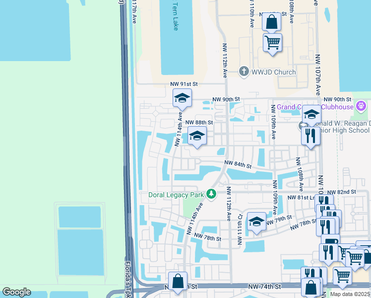 map of restaurants, bars, coffee shops, grocery stores, and more near 11370 Northwest 84th Street in Doral