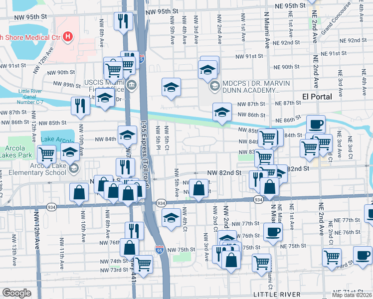 map of restaurants, bars, coffee shops, grocery stores, and more near 448 Northwest 84th Street in Miami