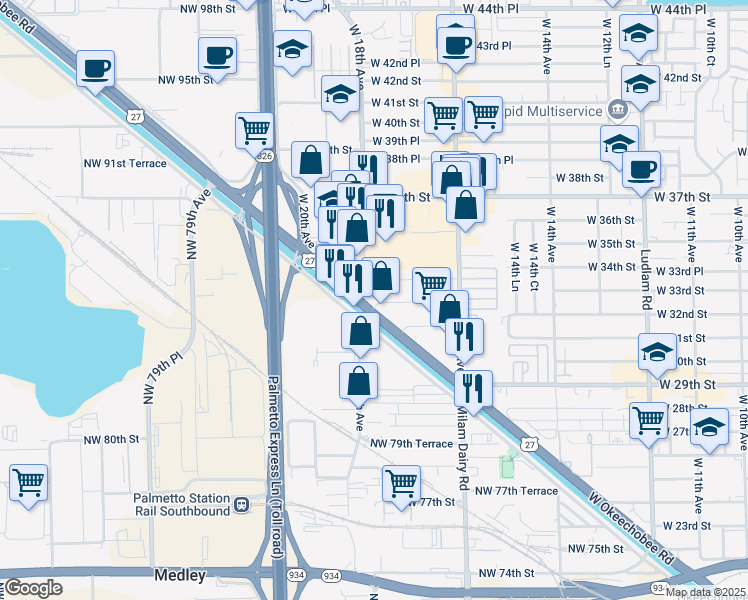 map of restaurants, bars, coffee shops, grocery stores, and more near 1785 West 32nd Place in Hialeah