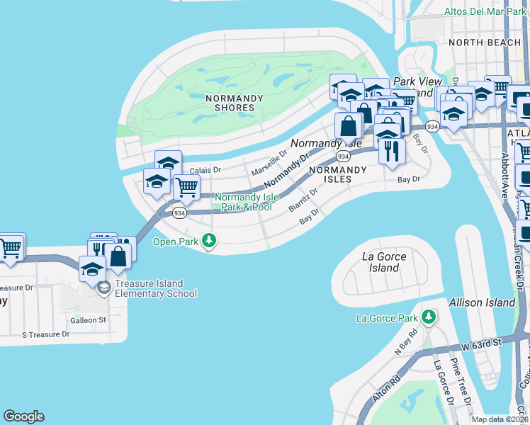 map of restaurants, bars, coffee shops, grocery stores, and more near 6920 Trouville Esplanade in Miami Beach