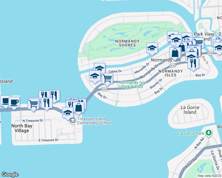 map of restaurants, bars, coffee shops, grocery stores, and more near 1930 71st Street in Miami Beach