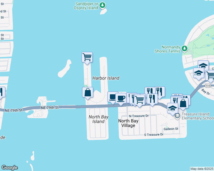 map of restaurants, bars, coffee shops, grocery stores, and more near 7915 East Drive in North Bay Village