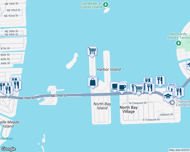 map of restaurants, bars, coffee shops, grocery stores, and more near 7918 West Drive in North Bay Village