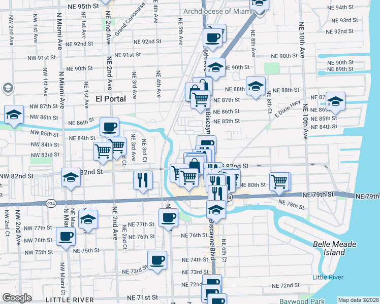 map of restaurants, bars, coffee shops, grocery stores, and more near 461 Northeast 82nd Terrace in Miami