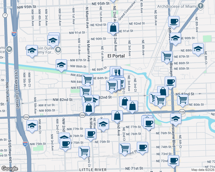 map of restaurants, bars, coffee shops, grocery stores, and more near 145 Northeast 82nd Terrace in Miami