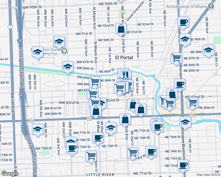 map of restaurants, bars, coffee shops, grocery stores, and more near 145 Northeast 82nd Terrace in Miami