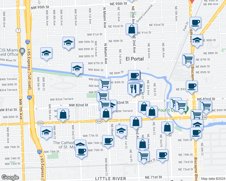 map of restaurants, bars, coffee shops, grocery stores, and more near 51 Northeast 82nd Terrace in Miami