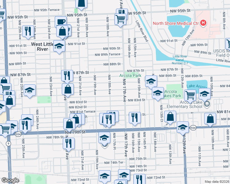 map of restaurants, bars, coffee shops, grocery stores, and more near 1797 Northwest 83rd Terrace in Miami