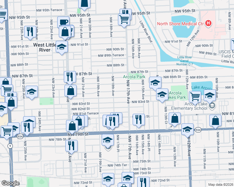 map of restaurants, bars, coffee shops, grocery stores, and more near 1797 Northwest 83rd Terrace in Miami