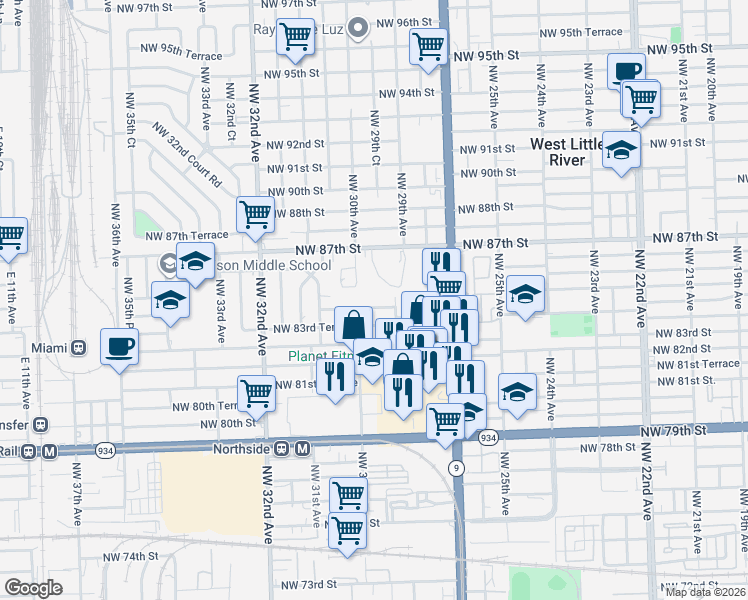 map of restaurants, bars, coffee shops, grocery stores, and more near 2975 Northwest 84th Terrace in Miami