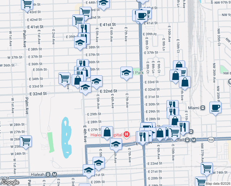 map of restaurants, bars, coffee shops, grocery stores, and more near 649 East 31st Street in Hialeah