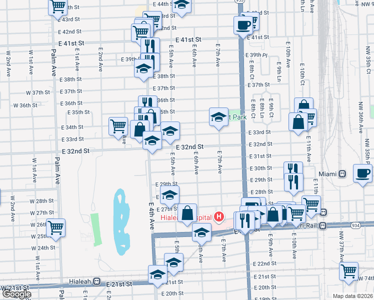 map of restaurants, bars, coffee shops, grocery stores, and more near 577 East 31st Street in Hialeah
