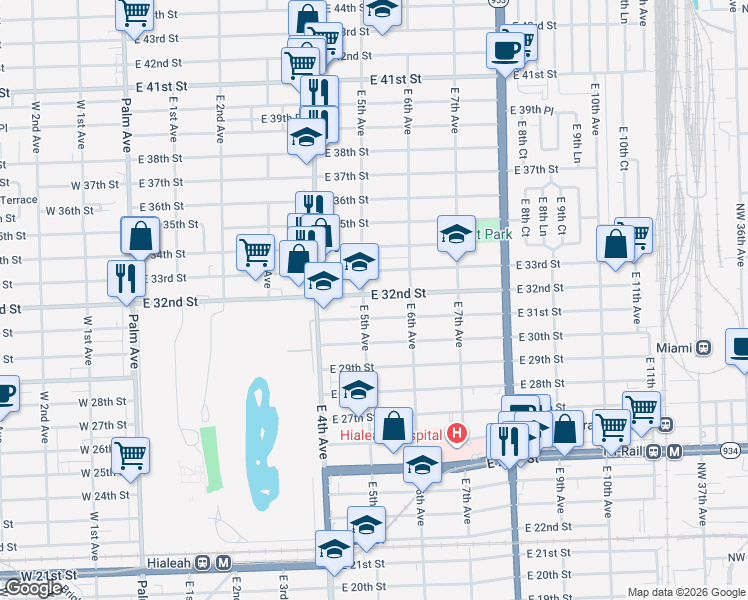 map of restaurants, bars, coffee shops, grocery stores, and more near 2 East 5th Avenue in Hialeah