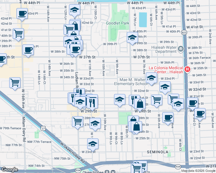 map of restaurants, bars, coffee shops, grocery stores, and more near 1005 W 32nd St in Hialeah