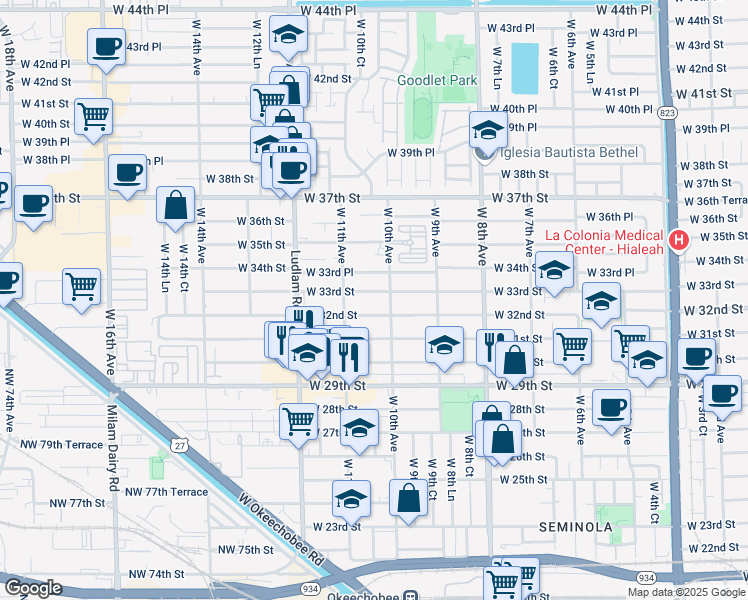 map of restaurants, bars, coffee shops, grocery stores, and more near 1005 West 32nd Street in Hialeah