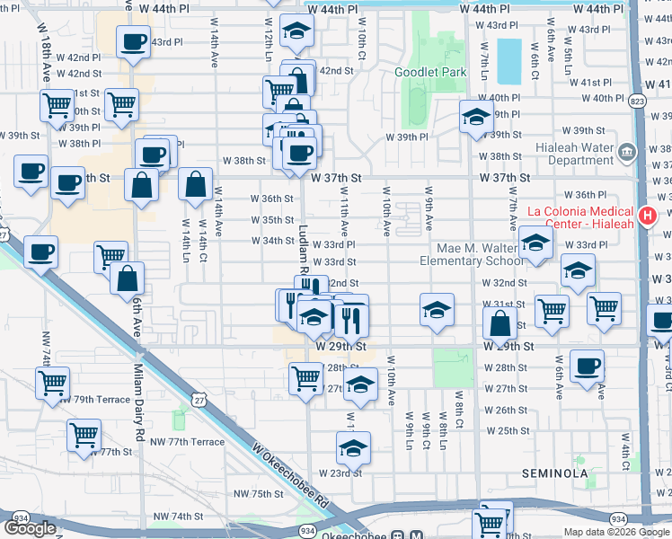 map of restaurants, bars, coffee shops, grocery stores, and more near 1155 West 32nd Street in Hialeah