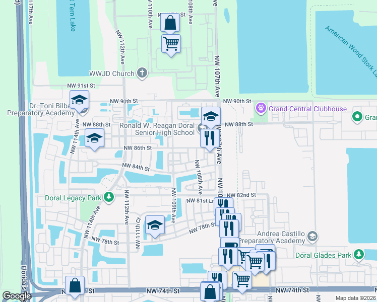 map of restaurants, bars, coffee shops, grocery stores, and more near 8538 Northwest 108th Avenue in Doral