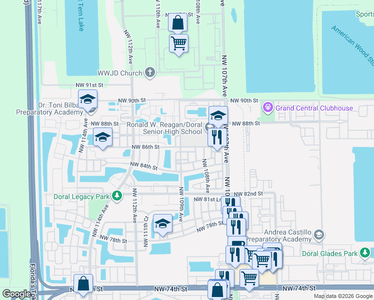 map of restaurants, bars, coffee shops, grocery stores, and more near 10892 Northwest 85th Terrace in Doral