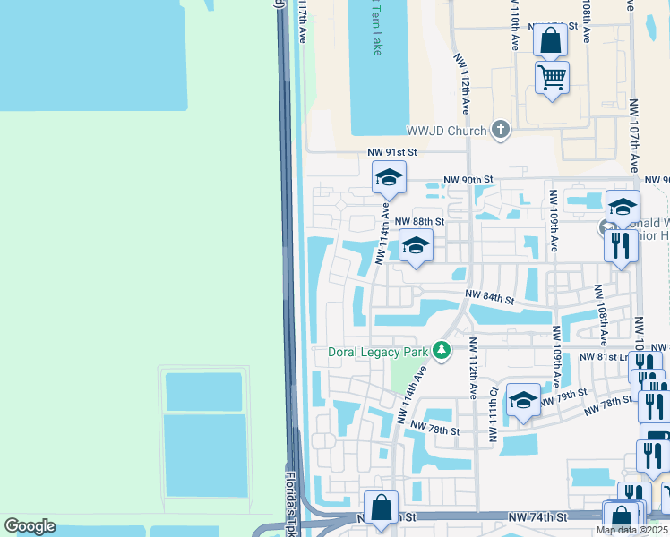 map of restaurants, bars, coffee shops, grocery stores, and more near 11539 Northwest 84th Terrace in Doral