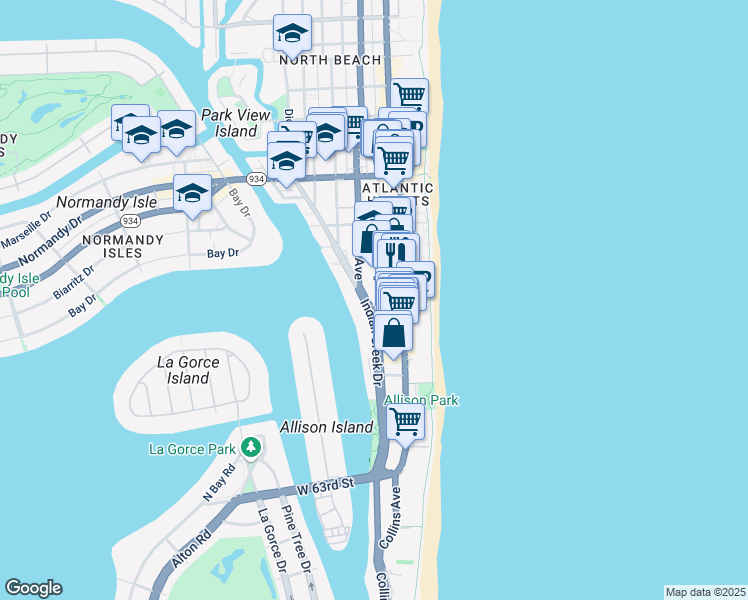 map of restaurants, bars, coffee shops, grocery stores, and more near in Miami Beach