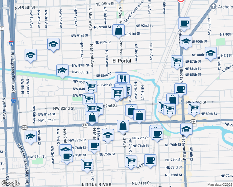 map of restaurants, bars, coffee shops, grocery stores, and more near 145 Northeast 82nd Terrace in Miami