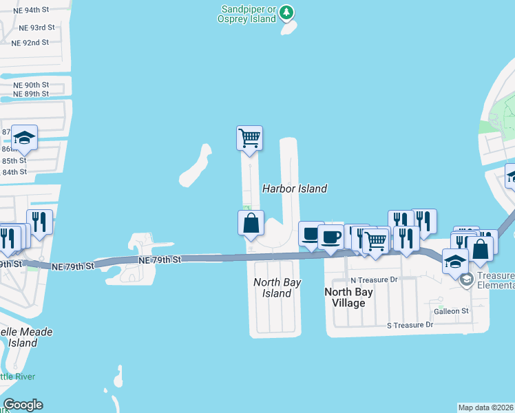 map of restaurants, bars, coffee shops, grocery stores, and more near 7918 West Drive in North Bay Village
