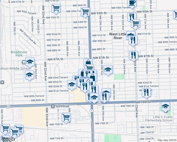 map of restaurants, bars, coffee shops, grocery stores, and more near 8440 Northwest 27th Avenue in Miami