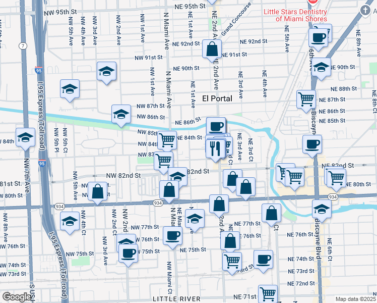 map of restaurants, bars, coffee shops, grocery stores, and more near 51 Northeast 82nd Terrace in Miami