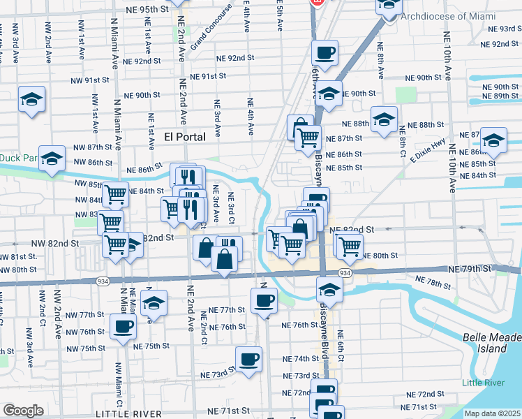 map of restaurants, bars, coffee shops, grocery stores, and more near 8315 Northeast 4th Place in Miami